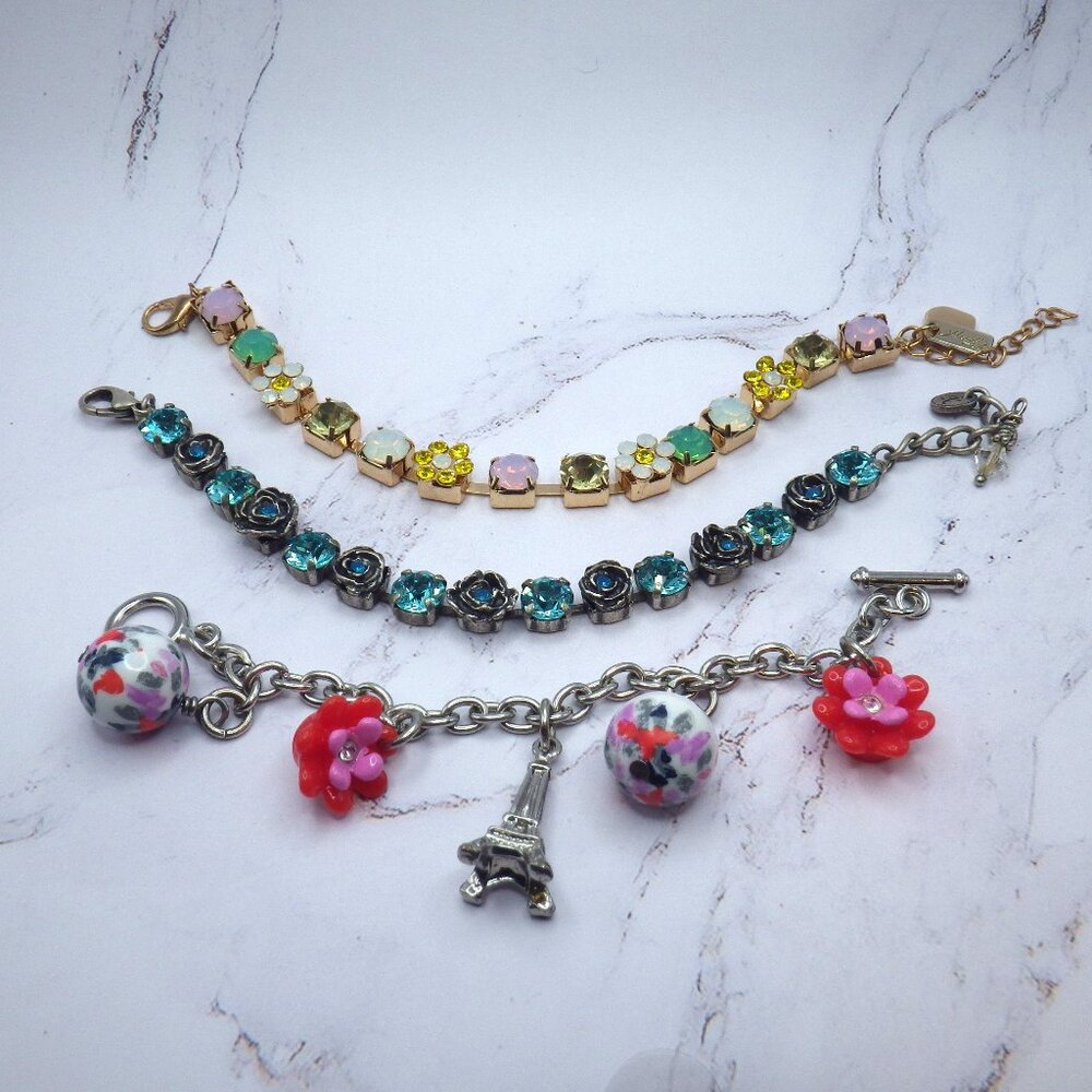 Set of 3 Bracelets Gymboree Eiffel Tower/Flowers Charm Austrian Crystals Blue